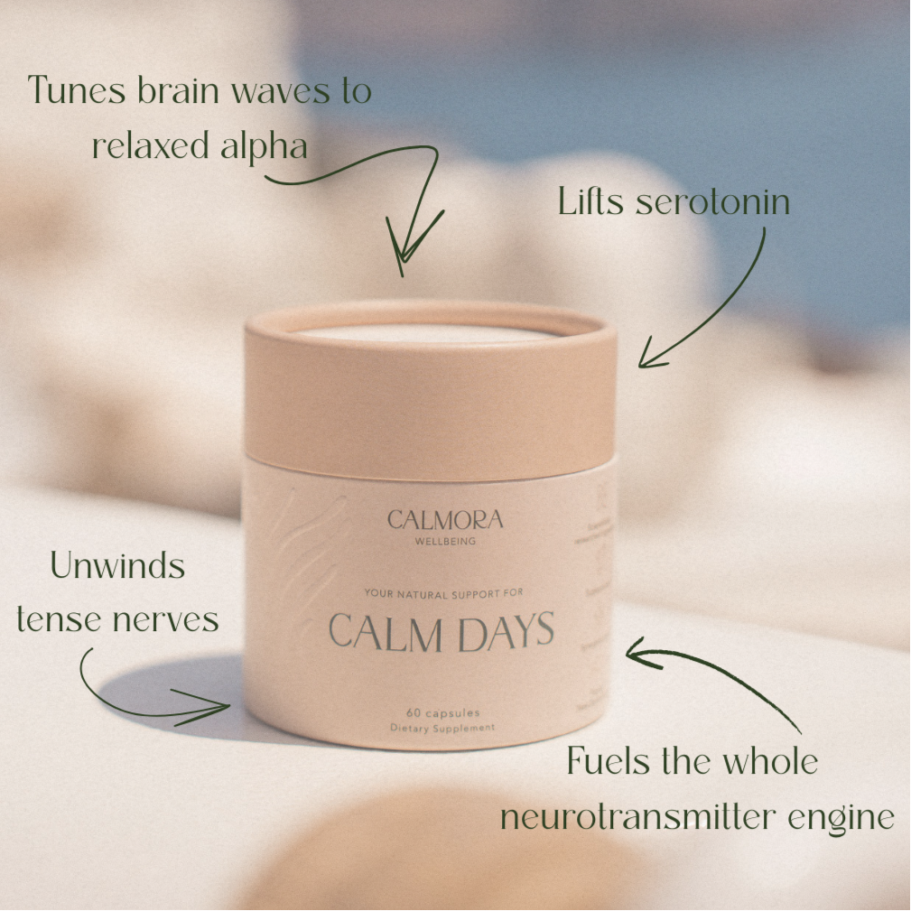 Calm Days supplement container with text highlighting its benefits on a blurred background