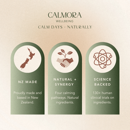 Calmora wellbeing brand description with icons and text on a beige background