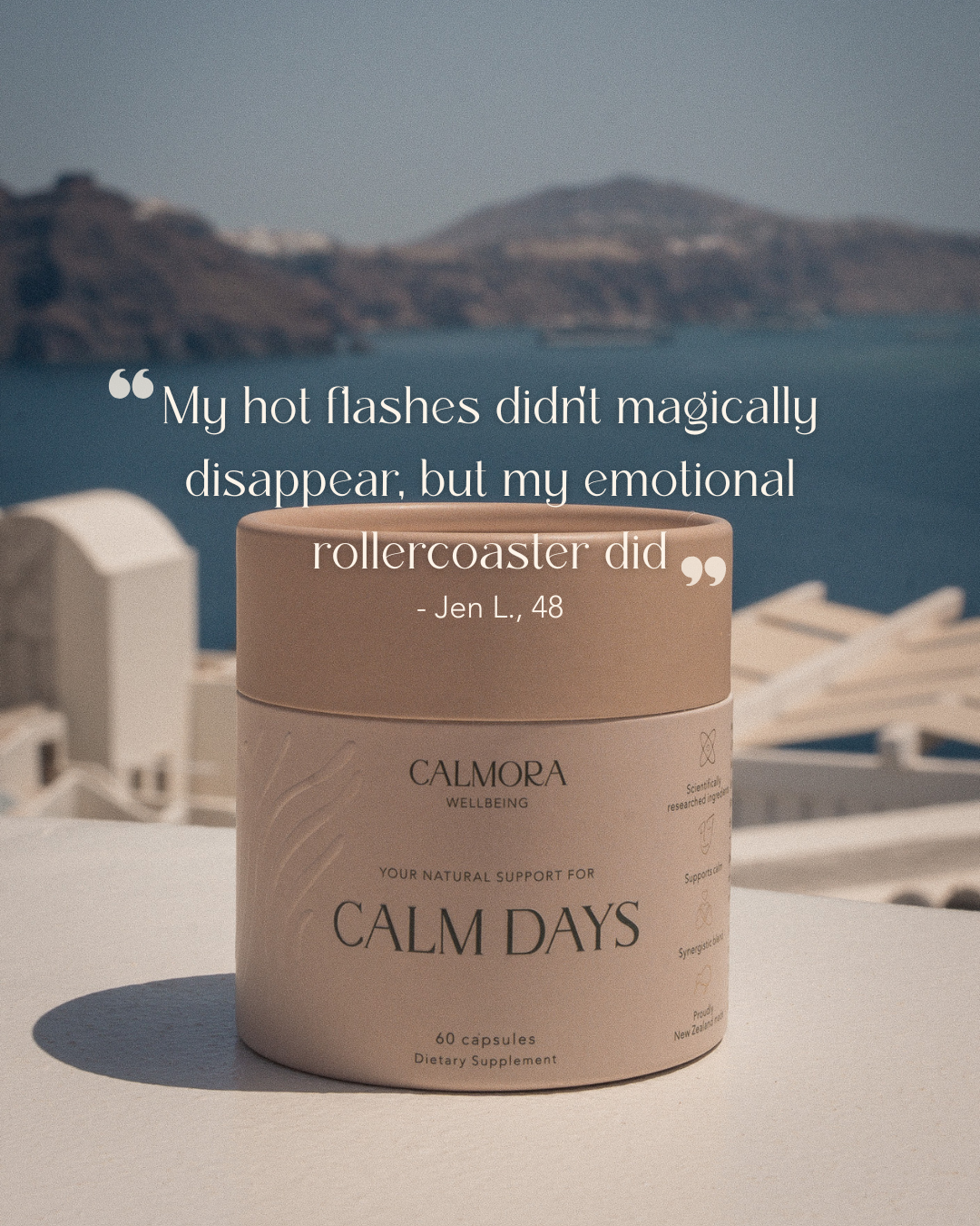 Supplement container labeled 'Calm Days' with scenic background